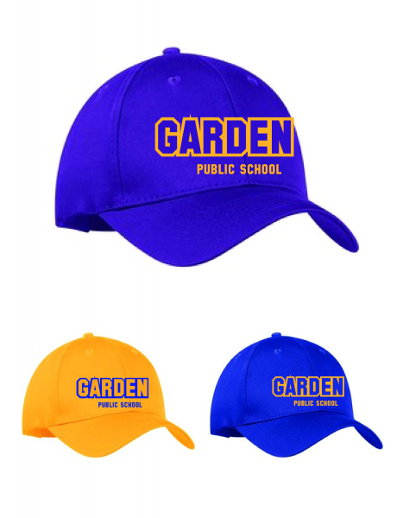 blue and yellow baseball caps with garden public school name